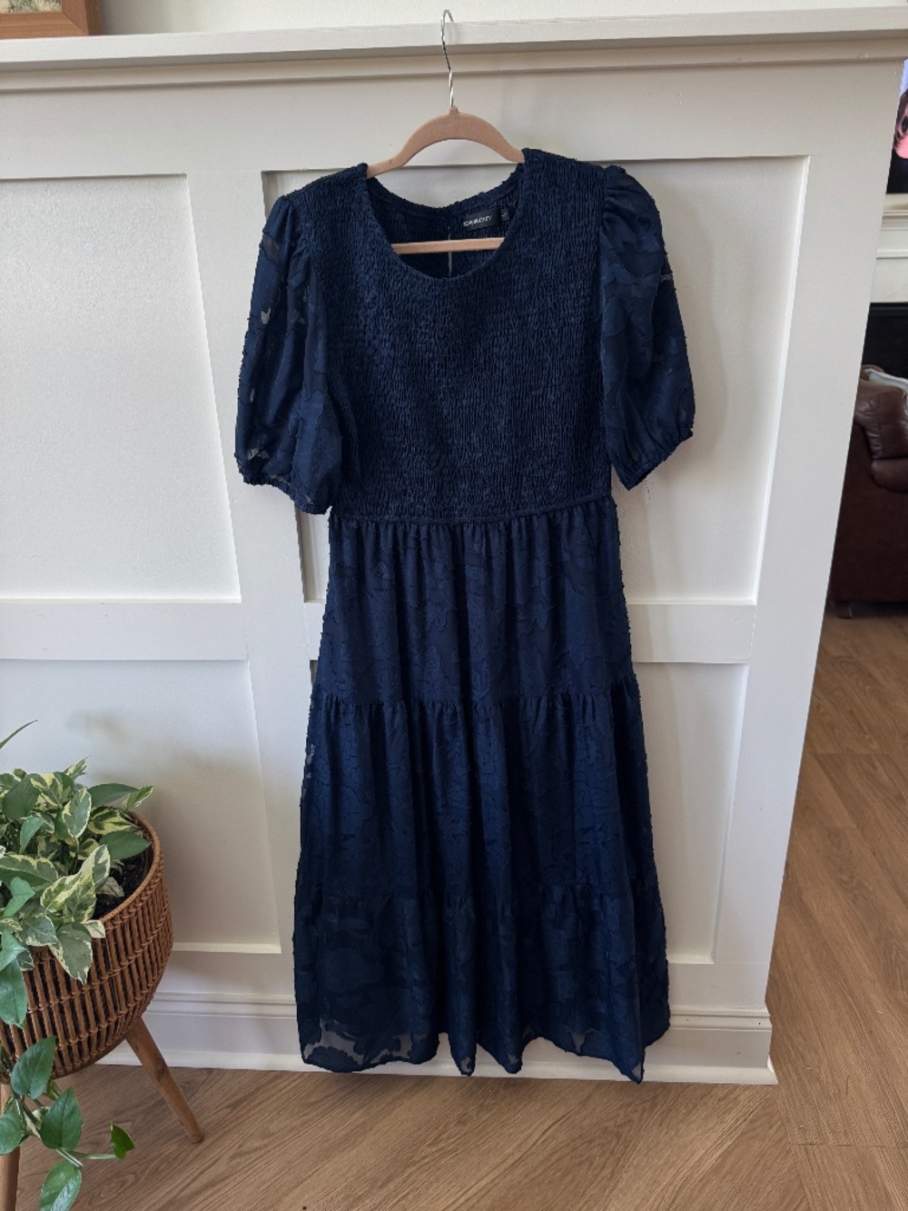 MEROKEETY Navy Smocked Floral Tiered Midi Dress Size L